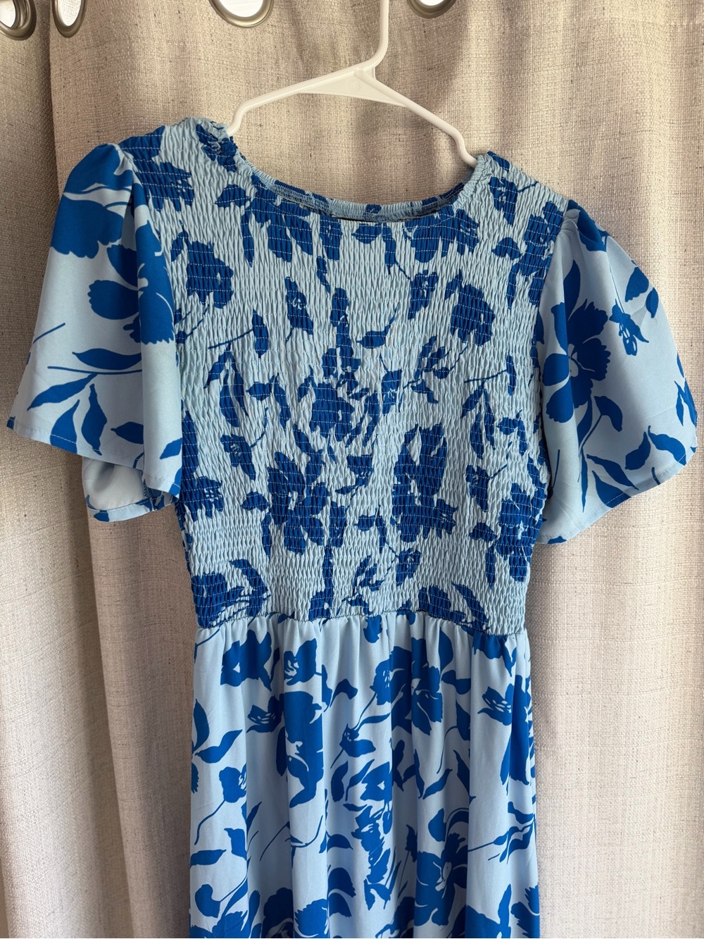 Blue Floral Smocked Midi Dress